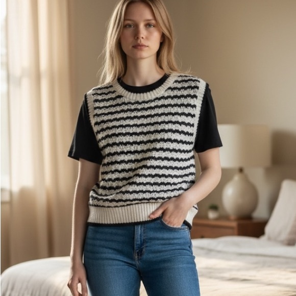 Sanctuary Sweaters - Sanctuary NWT Crochet Black and White Striped Sweater Vest/Tank